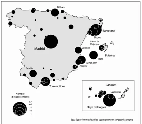 Fig. 5 : Répartition des commerces gays et lesbiens en Espagne en 2007 