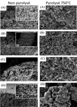 Figure 9 : Structure des solides obtenus par carbonisation ionothermale avant et après pyrolyse en fonction du précurseur   (A : glucose, B : fructose, C: xylose, D : amidon ; modifié à partir de Xie et al 101 ) 
