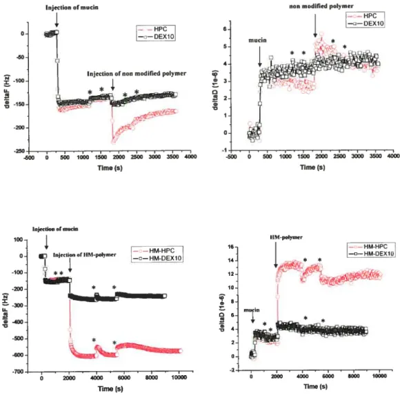 Figure 2: Frequency and dissipation shifts as a function of time after ceil injection of (a) non-modified polymers, (b) RM-polymers responding to additions of 0.5 gfL aqueous solution of specified polymer onto mucin