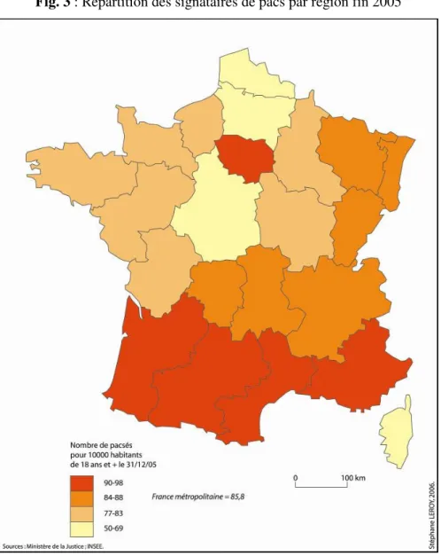 Fig. 3 : Répartition des signataires de pacs par région fin 2005 