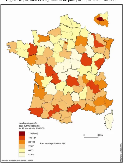 Fig. 4 : Répartition des signataires de pacs par département fin 2005 
