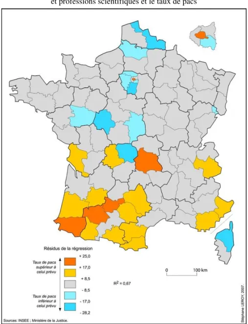 Fig. 7 : Écarts à la relation linéaire entre la part des professeurs  et professions scientifiques et le taux de pacs 