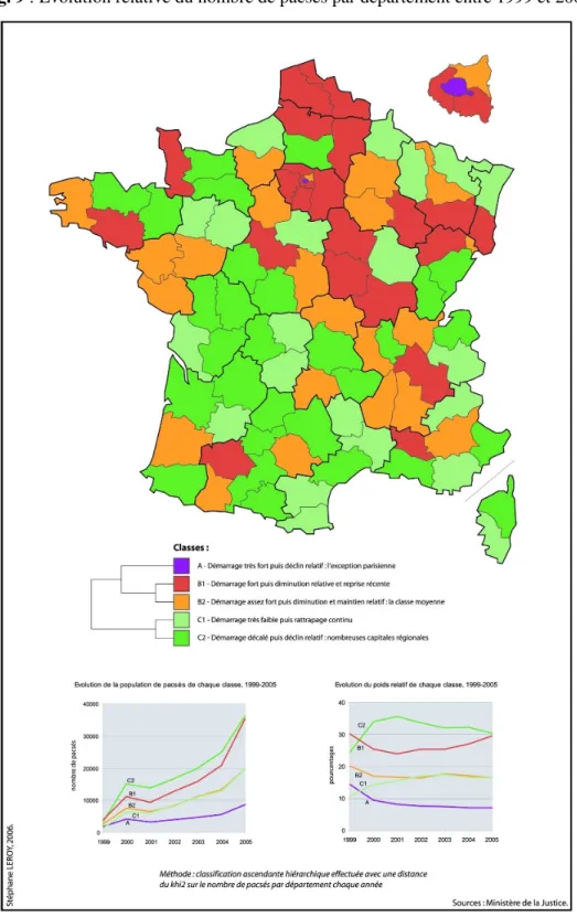 Fig. 9 : Évolution relative du nombre de pacsés par département entre 1999 et 2005 