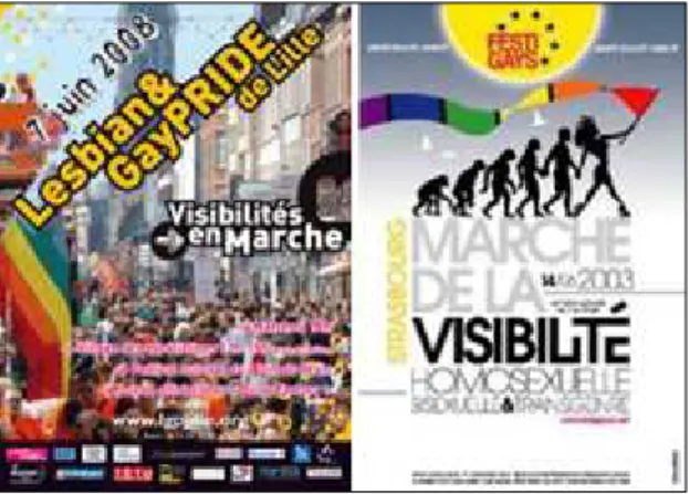 Fig. 1 : Être visibles. Affiches de la Gay Pride de Lille en 2008 et de Strasbourg en 2003  (source : www.lorrainegay.com) 