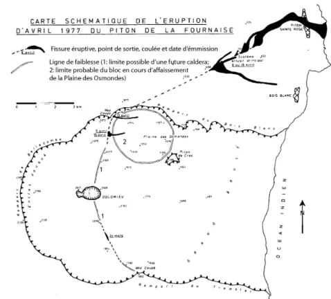Figure 3: Plate-forme formée par l’éruption  d’avril 1977 et évolution de son contour  déterminé à partir des prises de vue aériennes  de 1978, 1997, 2003, 2008 et 2012