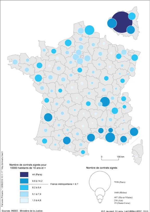 Figure 5. Signatures de pacs de même sexe entre 1999 et 2008 par département de France métropolitaine