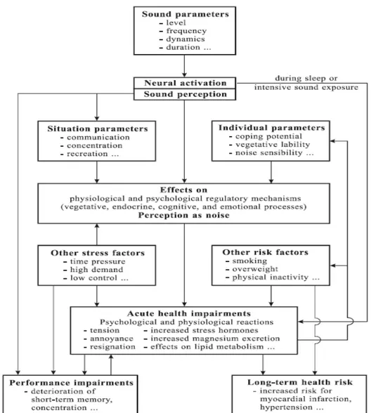 Figure  5:  Présentation  des  effets  sanitaires  d'une  exposition  chronique  au  bruit  et  de  leurs  interactions, d'après (Ising and Kruppa, 2004)