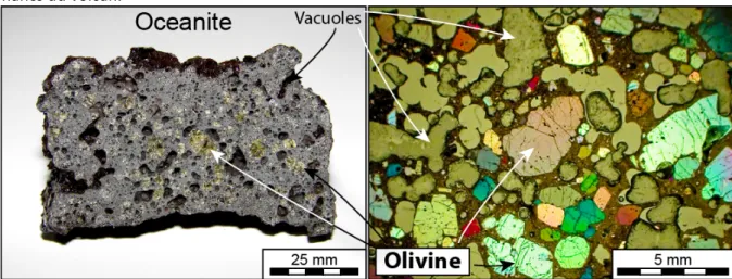 Figure 3: Echantillon macroscopique d’océanite d’avril 2007 (gauche) et observation au microscope polarisant d’une lame mince de cette  océanite (droite)