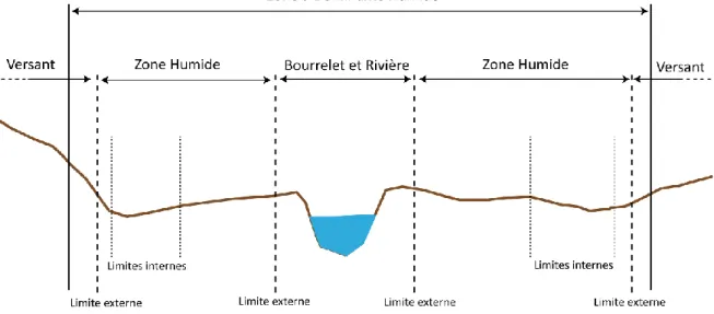 Figure 1.4 – Exemple de délimitation interne et externe d’une zone humide de fond de vallée 