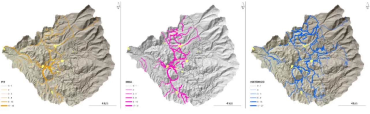 Figure 2. Modélisation de l’évolution du réseau viaire de la vallée de Belén (Altos de Arica, Chili) depuis le XIV e  siècle, selon la probabilité d’utilisation  des voies en fonction de leur distance topologique aux établissements de chronologie déterminé