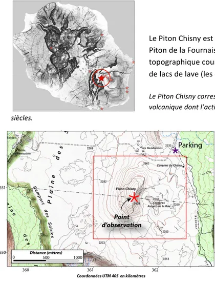Figure 1: Localisation du Piton Chisny dans la Plaine des Sables  (fond topographique: carte IGN TOP25, série bleue)