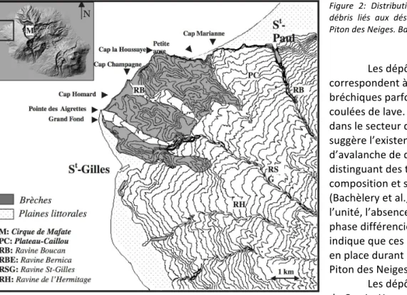 Figure  2:  Distribution  des  dépôts  d’avalanche  de  débris  liés  aux  déstabilisations  du  flanc  ouest  du  Piton des Neiges