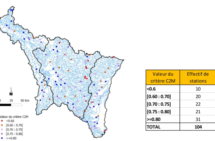 Figure 10 : Classe de valeur du critère C2M sur la période de calage P1/P2 (soit 1990-2009) 