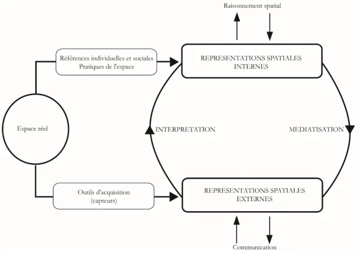Figure 2 : Relations entre espace physique, représentations spatiales internes et externes (d’après Maurel, 2001) 