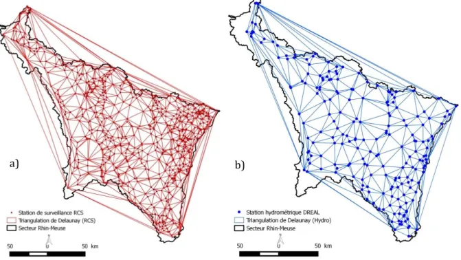 Figure 1 : Triangulation de Delaunay appliquée aux stations de suivi qualité des cours  d’eau (a) et aux stations de suivi hydrométrique (b) dans l’espace Rhin-Meuse (partie 