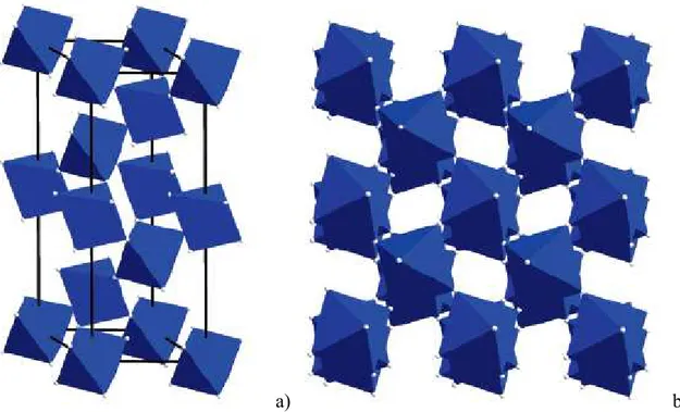 Figure 11 : S tructure d’un cristal de α -AlH 3 . La maille est présentée à gauche a) et la  connectivité des octaèdres est présentée à droite b) [14]