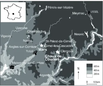 Fig. 1. Zone d’étude : situation des séquences de Mars   (Gimel-les-Cascades) et de la Chaux de Coudert (Clergoux).