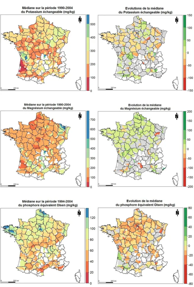 Figure 1 : carte de la médiane des teneurs par PRA sur la période 1994-2004 (à gauche) et évolution de la médiane entre  les 2 périodes (à droite) pour les éléments (exprimés en oxydes) K 2 O, MgO et P 2 O 5  équivalent olsen 