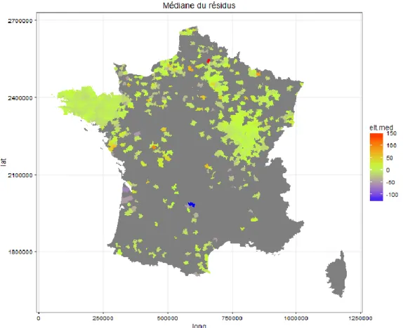 Figure 11 : Cartes des médianes cantonales des résidus statistiques issues de la différence entre les teneurs  en P observées et celles modélisées pour le P Dyer (à partir du jeu de données F) 