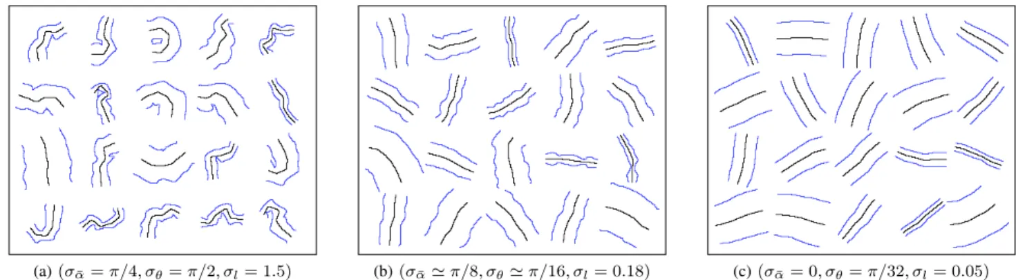 Fig. 3: Simulation of ribbons using different parameters for the prior and transition models