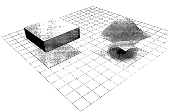 FIG.  3.4  Illustration  de  l'influence  des  pixels  HR  sur  un  pixel  BR  ;  à  gauche,  une fonction  boîte assigne  une  importance égale  à  tous les  pixels HR;  à  droite,  une  fonction  gaussienne  accorde  un  plus  grand  poids  aux  pixels  