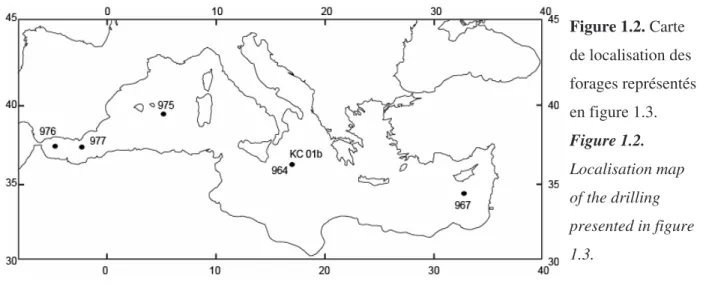 Figure 1.2. Carte  de localisation des  forages représentés  en figure 1.3.  Figure 1.2