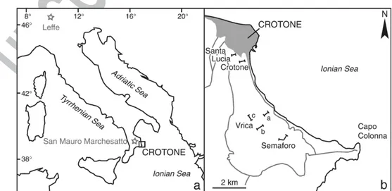 Figure 1. Geographical location of (a) Crotone, San Mauro Marchesato and Leffe series; (b) the different sections of the Crotone series: Santa Lucia, Crotone, Vrica and Semaforo.