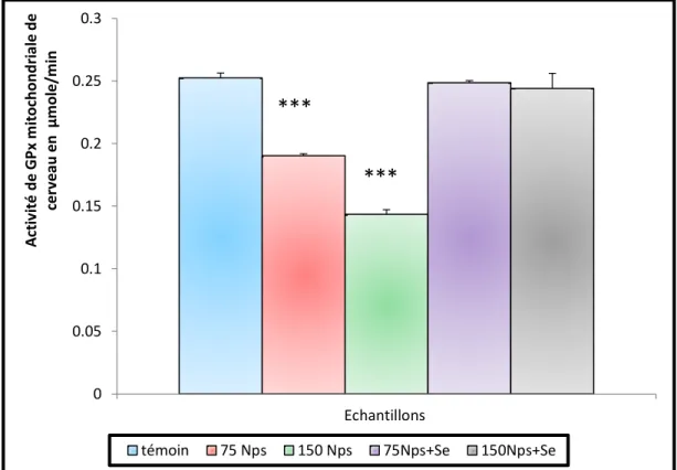Figure  30:  Variation  de  l'activité  de  GPx    mitochondriale  de  cerveau  des  lapins  témoins et traités après 90 jours de traitement (n=05, p=0.000)