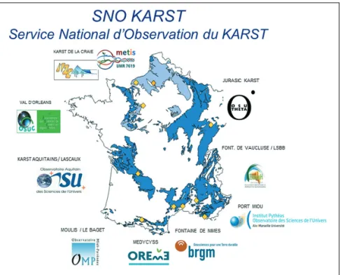 Figure 1. Localisation des différents sites d’observations du SNO KARST et organismes impliqués.