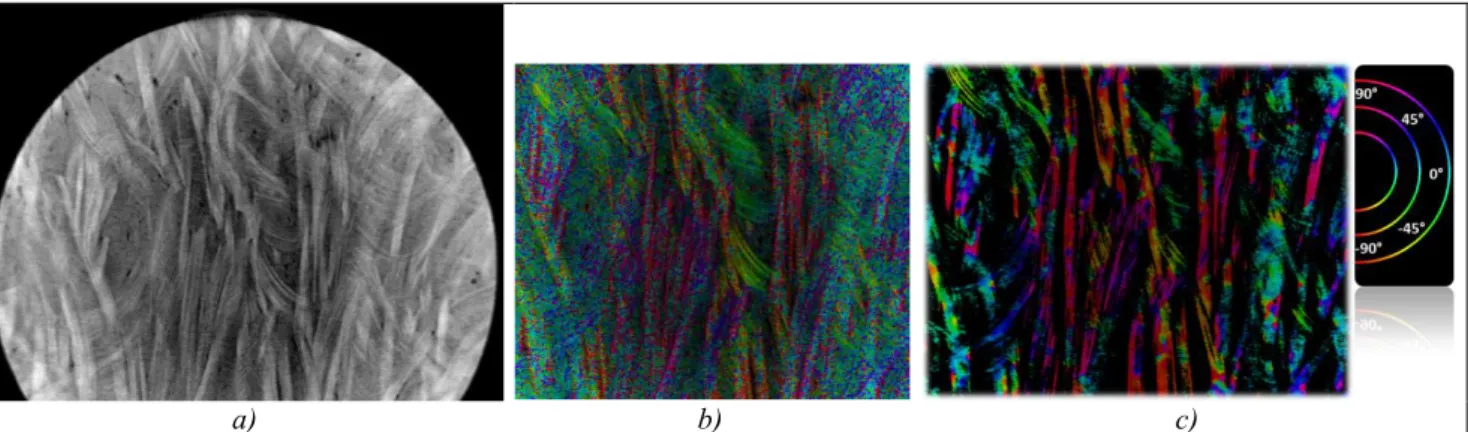Fig. 3. a) µCT image of an SMC sample; b) orientations of fibers in the center of the sample identified by the structure  tensor method with the Gaussian window size σ = 1; c) and with the Gaussian window size σ = 6