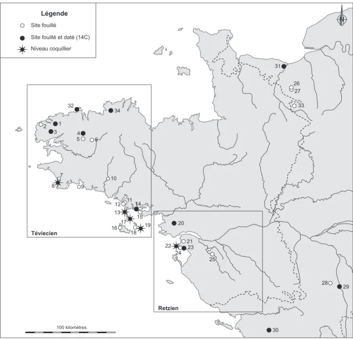 Fig. 1. Carte des sites fouillés attribués au second Mésolithique dans l’Ouest de la France