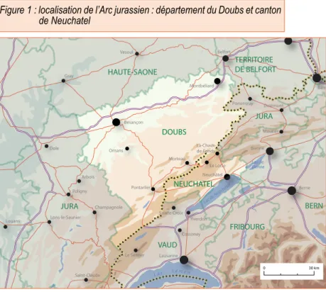 Figure 1 : localisation de l’Arc jurassien : département du Doubs et canton  de Neuchatel