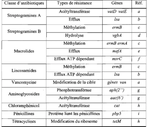 Tableau 1: Résumé des résistances d'Enterococcus sp. 