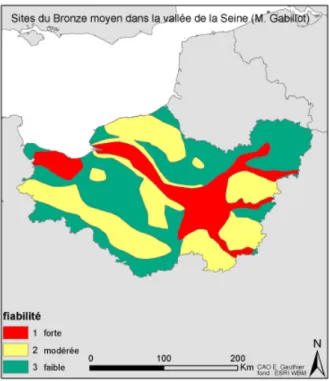 Figure 9 - Carte de fiabilité des sites du Bronze moyen  dans la vallée de la Seine et alentour (M