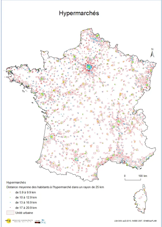Figure 15   Distance moyenne entre les hypermarchés et la population dans une zone d'attraction de 25 km 