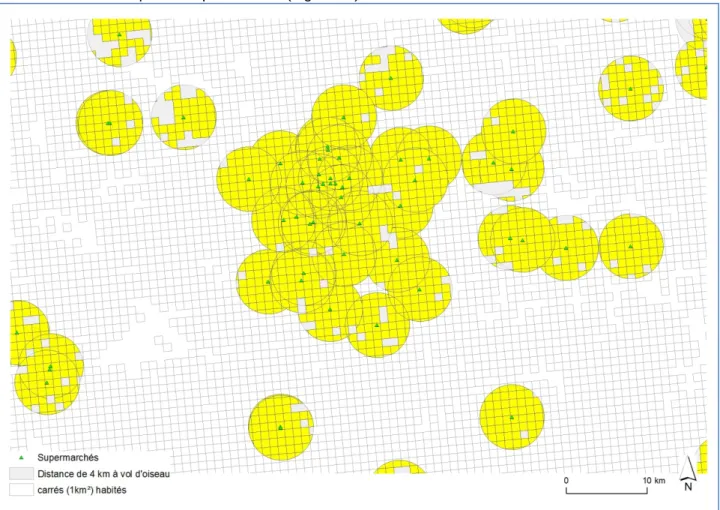 Figure 12 Supermarchés : Intersection entre population carroyée et buffers 