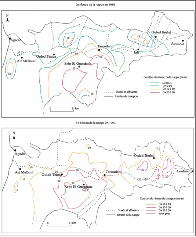 Figure 3 : Le niveau de la nappe phréatique du Souss en 1968 et en 1993 