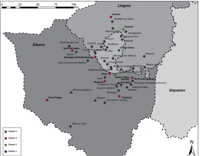 Figure 16 : Carte des sites étudiés dans la publication de J.-G. Bulliot et F. Thiollier classés  selon  leur  appartenance  aux  groupes  statistiques  définis  par  la  CHCP  (DAO  D