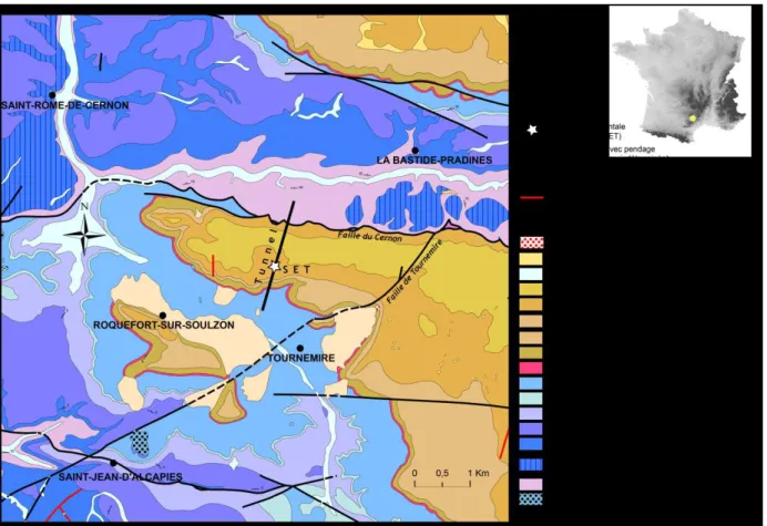 Figure II-28 : carte géologique simplifiée du secteur de Tournemire avec la localisation du tunnel  et du site expérimental (document IRSN d’après modification de BRGM, 1984) 