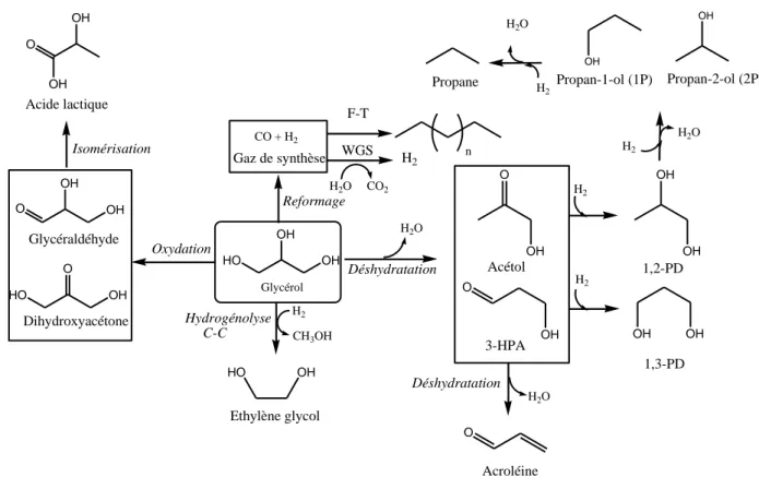 Figure 2 : Principaux chemins réactionnels en phase aqueuse pour la transformation du glycérol en alcanes  ou produits chimiques à valeurs ajoutées 2 