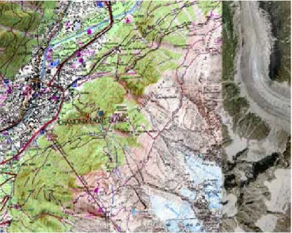 Figure 5 – La zone de la vallée de Chamonix sur laquelle sont présentés tous les résultats qui suivent, vue sur le Scan25 de l’ ign , raccordé en marge à l’orthophotoplan.