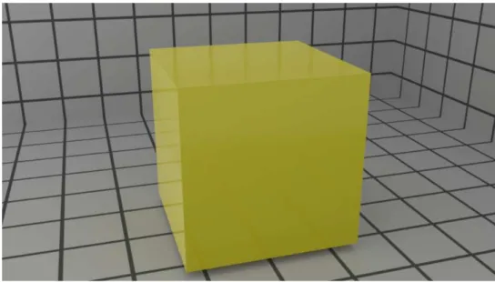 Figure 2.9 Ű Exemple de FDRB avec terme de Fresnel. Avec un angle de vue très rasant, le cube a un aspect miroir (face de gauche), avec un angle très faible par rapport à la normale, la réĆexion est minimale (face de devant).
