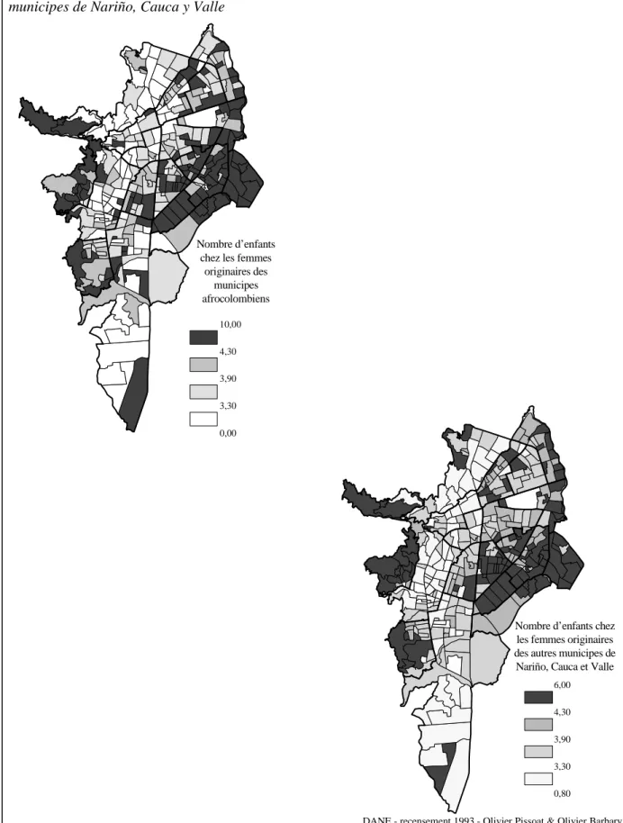 Figure  2  :  Nombre  moyen  d’enfants  des  femmes  de  plus  de  45  ans  par  secteur  cartographique :  origine  dans  les  municipes  de  la  zone  de  peuplement  afrocolombien  vs  origine  dans  les  autres  municipes de Nariño, Cauca y Valle 