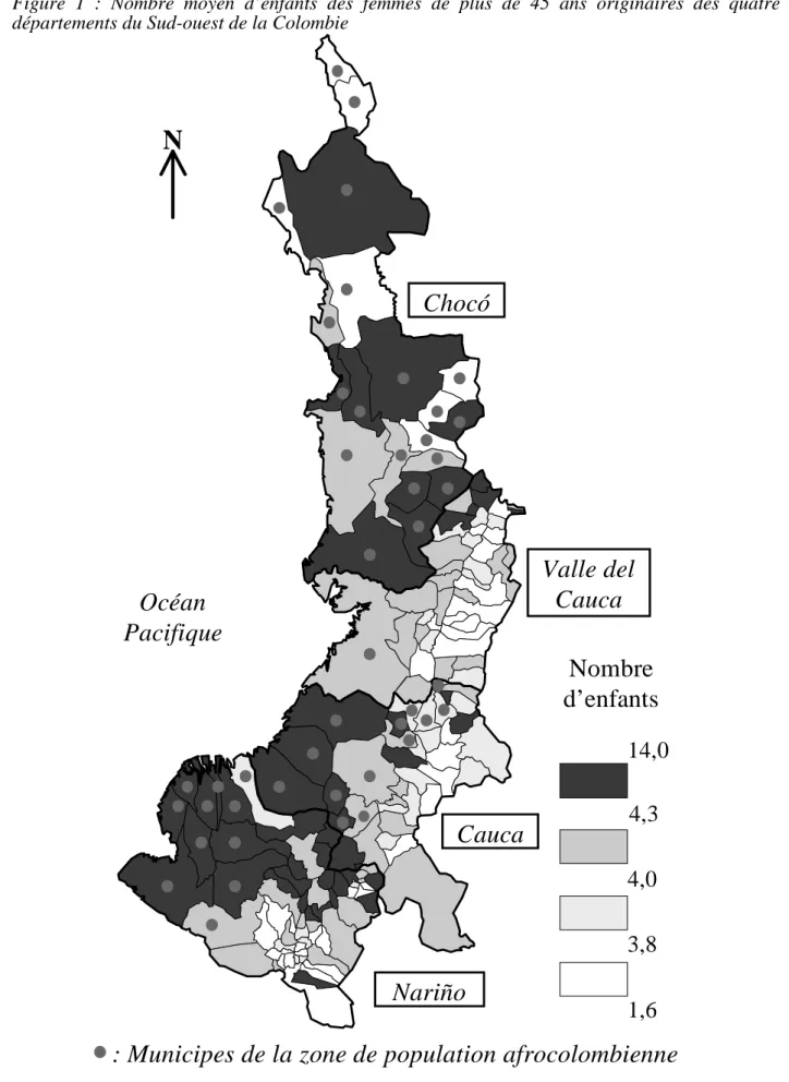 Figure  1  :  Nombre  moyen  d’enfants  des  femmes  de  plus  de  45  ans  originaires  des  quatre  départements du Sud-ouest de la Colombie 