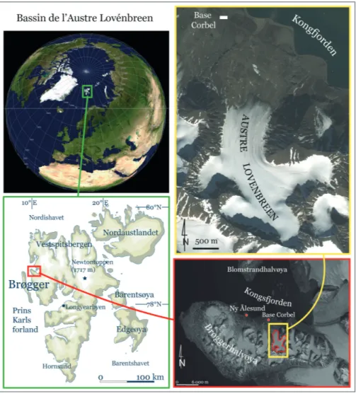 Figure 2.1 : Localisation du Spitsberg et de l’Austre Lovénbreen : un terrain d’étude à 1 000 km du Pôle  Nord par 79°N.