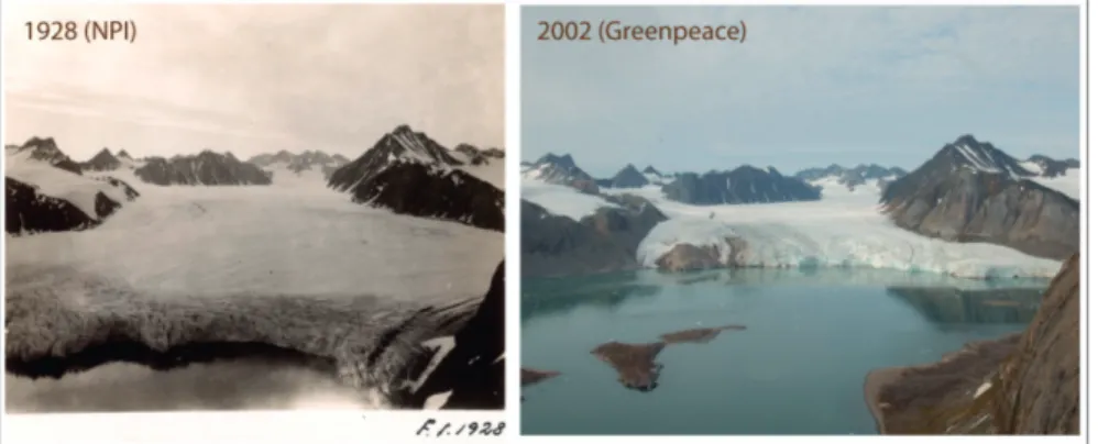 Figure 2.2 : Le retrait des glaciers est incontestable au Svalbard, en témoignent ces clichés (Greenpeace et  Norsk Polarinstitutt) du Blomstrandbreen en Baie du Roi, séparés de 74 ans