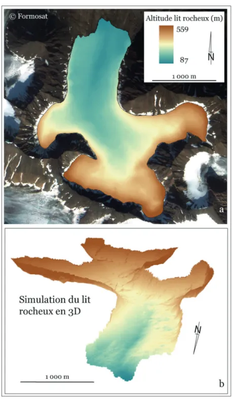 Figure 2.8 : Modèle numérique de terrain du lit rocheux de l’Austre Lovénbreen. La profondeur de glace  mesurée au GPR, déduite du MNT de surface élaboré au DGPS, permet d’établir le MNT du lit rocheux de  l’Austre Lovénbreen