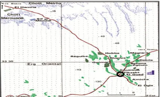 Figure 04:  Carte géographique du Souf (Situation des zones d’échantillonnage)  (DUBOST, 2002 modifié par ALLAL, 2008) 