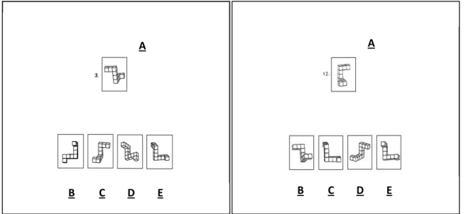 Figure 10. Illustration de deux items visuels du MRT. Chaque item est composé d’un modèle (A)  et  de  quatre  choix  de  réponse  (B,  C,  D,  E)
