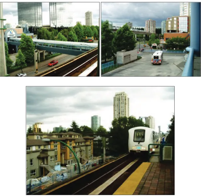 Figure 3-3 : Exemples de développements urbains de type « TOD » (denses et mixtes)  dans le Grand Vancouver, autour de stations du Sky Train 